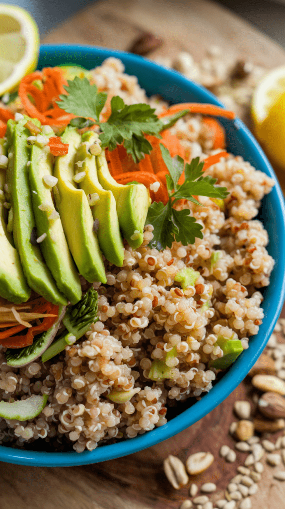 Du setzt dich an deinen Tisch und genießt eine farbenfrohe Schüssel mit Quinoa, die mit frischer Avocado, knusprigem Gemüse und einer Prise Limettensaft garniert ist. Die Nüsse und Samen sorgen für den extra Crunch, während das Avocadoöl eine cremige Textur hinzufügt.