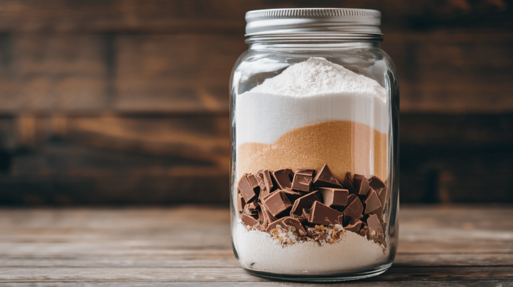Ein Glas, das perfekt geschichtete Zutaten für einen leckeren Kuchen enthält. Mehl, Zucker, Backpulver und Schokoladenstückchen sind schön geschichtet und sorgen für eine dekorative Optik. Mit einer kleinen Anleitung, wie man die Mischung zubereitet, ist dieses Geschenk ein echter Hingucker.