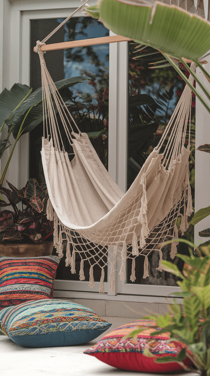 Du schwingst sanft in einer Hängematte, umgeben von Pflanzen und bunten Kissen. Der Wind spielt mit den Fransen der Decke und du fühlst dich wie im Urlaub – jeden Tag.