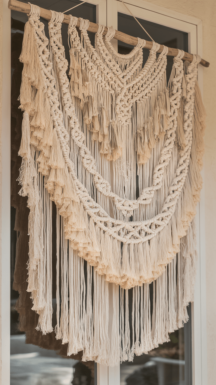 Der Wandbehang aus Makramee hängt über deinem Eingang und die Fransen tanzen sanft im Wind. Die Texturen und Farben schaffen eine einladende, entspannte Atmosphäre, die dich nach Hause ruft.