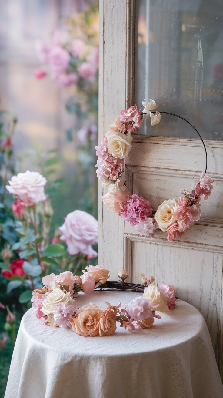 Ein verspielter Garten im Morgentau, Rosenblüten schimmern sanft in der Sonne, während du die schönsten davon auswählst, um sie zu einem zarten Kranz zu binden.