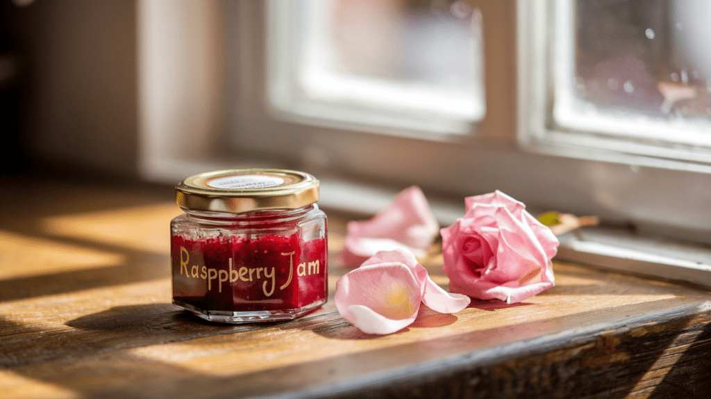 Ein kleines Glas mit himbeerroter Marmelade steht auf einem rustikalen Holztisch. Sonnenstrahlen fallen durch das Küchenfenster und lassen die goldene Schrift auf dem Etikett schimmern. Neben dem Glas liegen frische Rosenblätter, deren feiner Duft sich mit der fruchtigen Süße der Erdbeeren verbindet – ein köstlicher Vorgeschmack auf das Frühstück.