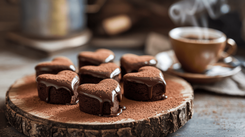 Ein rustikales Holzbrett, darauf mehrere kleine, herzförmige Brownies. Die glänzende Schokoladenglasur tropft leicht an den Seiten herunter, während feiner Kakaopuder wie frischer Schnee auf der Oberfläche liegt. Daneben eine dampfende Tasse Kaffee – ein perfekter Moment für süße Zweisamkeit.
