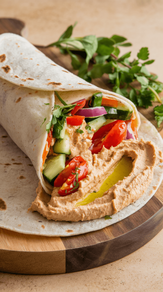 Du packst frisches Gemüse und cremigen Hummus in ein weiches Wrap und genießt den Bissen, der dich mit einer Kombination aus Frische und Vollwertigkeit versorgt.