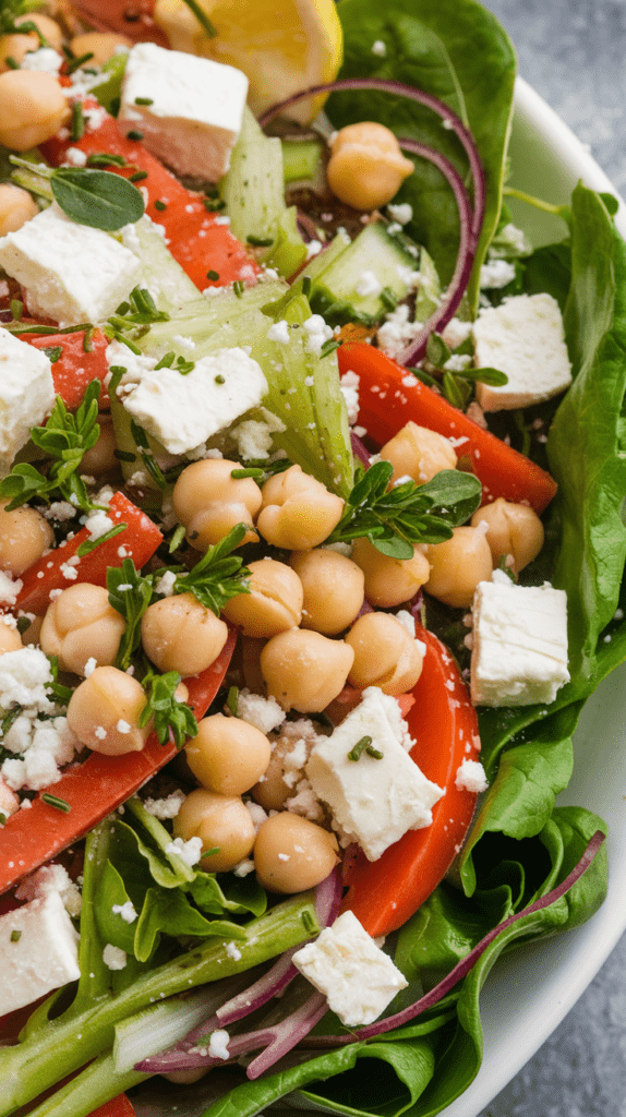 Du beißt in einen Salat, der Kichererbsen, cremigen Feta und knackiges Gemüse vereint. Die frische Zitronen-Vinaigrette rundet alles perfekt ab. Zutaten: