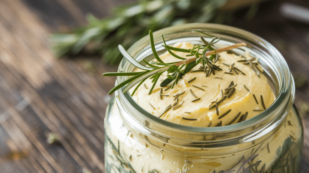 Ein hübsches Einmachglas, gefüllt mit frischer, grüner Kräuterbutter. Die zarten grünen Kräuter sind perfekt in der goldenen Butter verteilt und geben dem Ganzen eine rustikale, aber zugleich edle Ausstrahlung. Der Duft von frisch gehacktem Rosmarin und Thymian steigt beim Öffnen des Glases in die Nase. Ein Geschenk, das sowohl lecker als auch praktisch ist.