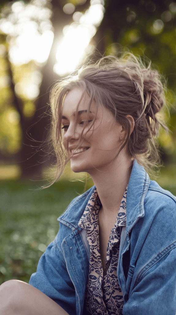 Beim Picknick im Park sitzt du entspannt im Gras, während dein Messy-Bun leicht im Sommerwind weht.