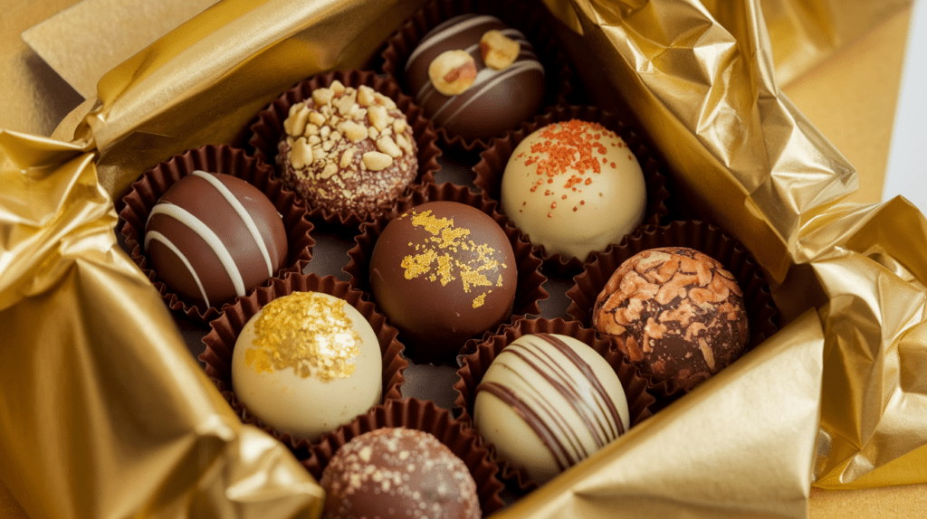 Eine elegante Pralinenschachtel, ausgekleidet mit goldenem Papier. Darin liegen kunstvoll verzierte Pralinen, jede mit einer glänzenden Schokoladenhülle überzogen. Einige sind mit essbarem Gold bestäubt, andere mit feinen Nussstückchen bestreut.