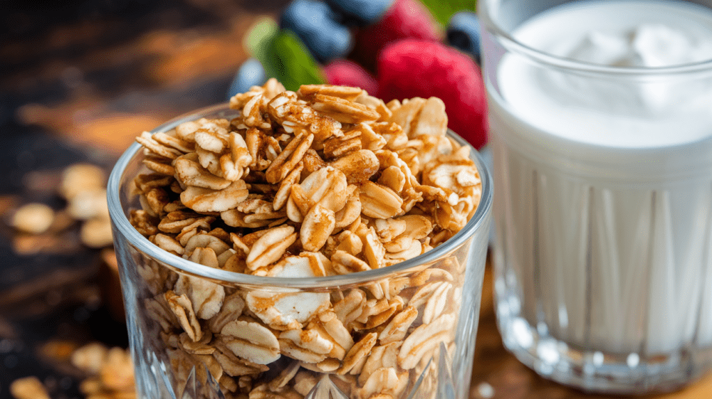 Ein transparentes Glas, das die goldenen, knusprigen Flocken von selbstgemachtem Granola zeigt. Walnüsse, Haselnüsse und Sonnenblumenkerne glänzen in der Mischung, die von einer Prise Zimt und Honig umhüllt ist. Dazu ein frisches Glas Joghurt und frische Beeren – das perfekte Frühstückserlebnis.