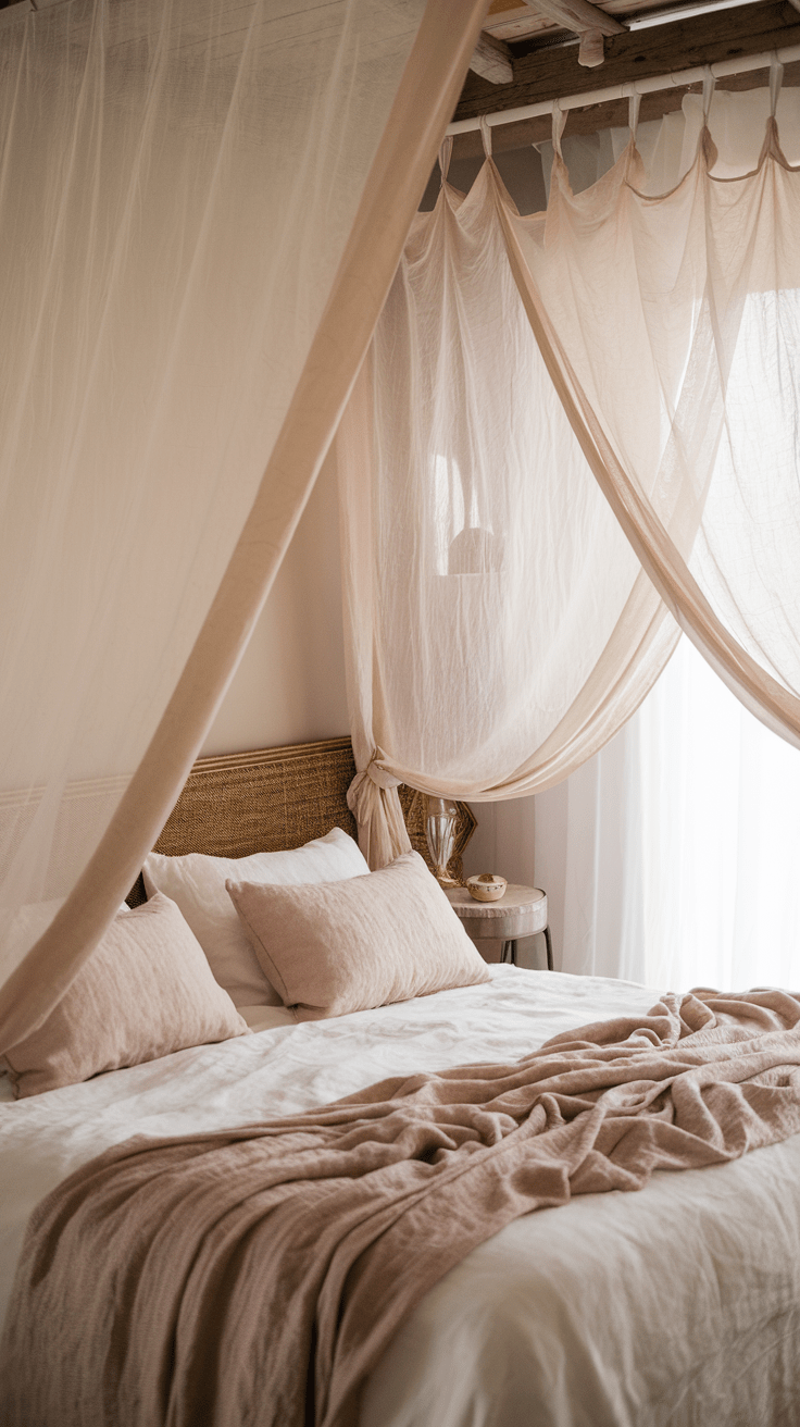 Du liegst im Bett und die Sonne ist gerade dabei, unterzugehen. Die zarten Vorhänge wehen sanft im Wind und lassen das Licht in goldenen Strahlen in den Raum fließen. Du fühlst dich fast wie in einem Sommerhaus auf dem Land, umgeben von einer Atmosphäre, die von Ruhe und Schönheit geprägt ist.