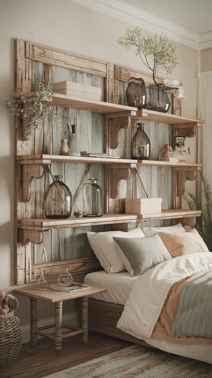 Du betrittst dein Schlafzimmer und dein Blick fällt sofort auf das Holzregal an der Wand. Es ist nicht nur praktisch, sondern verleiht dem Raum mit seinen sanften, naturbelassenen Holznuancen eine behagliche Atmosphäre. Auf dem Regal stehen kleine Pflanzen und ein paar alte Bücher – ein wahres Highlight in deinem persönlichen Rückzugsort.