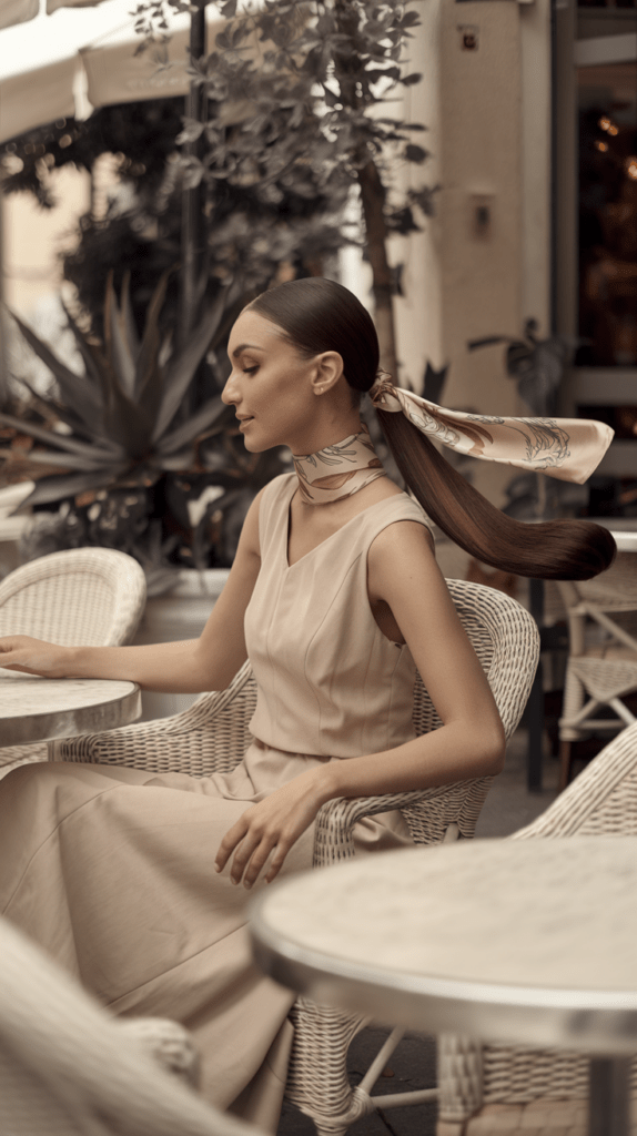 Du sitzt in deinem Lieblingscafé, das Tuch flattert leicht im Wind und verleiht deinem Look sommerliche Eleganz.