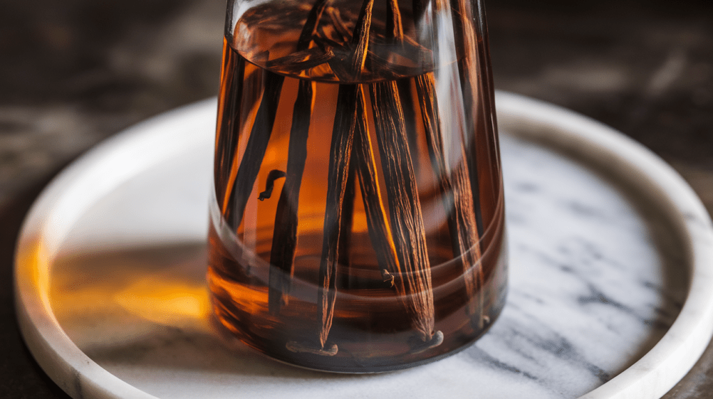 Eine schlanke Glasflasche, gefüllt mit tiefgoldenem Vanilleextrakt, steht auf einer weißen Marmorplatte. Mehrere aufgeschnittene Vanilleschoten schweben darin und geben langsam ihr intensives Aroma ab. Das Licht bricht sich im Glas und bringt das warme Braun der Schoten zum Leuchten – ein edles Geschenk für jeden Backliebhaber.