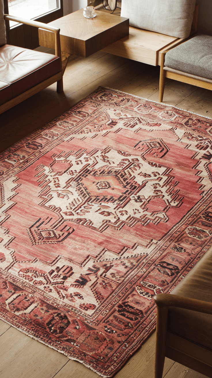 Du betrittst den Raum und deine Füße sinken in den weichen Vintage-Teppich. Die Farben und Muster scheinen sich mit der restlichen Einrichtung zu vereinen und strahlen eine behagliche Wärme aus. Der Raum wirkt sofort einladend und voller Geschichte – ein Ort, an dem du dich wohlfühlst.