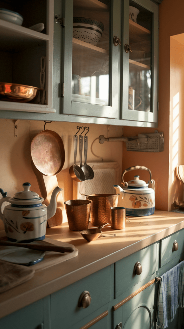 Du stehst in deiner Küche, die mit Vintage-Küchenutensilien geschmückt ist, und der Duft von frisch gebackenem Brot liegt in der Luft. Die alte, aber wunderschön patinierte Teekanne auf dem Herd fügt sich perfekt in das Retro-Design ein, und du fühlst dich fast wie in einer Zeitmaschine, die dich zurück in eine andere Epoche v
