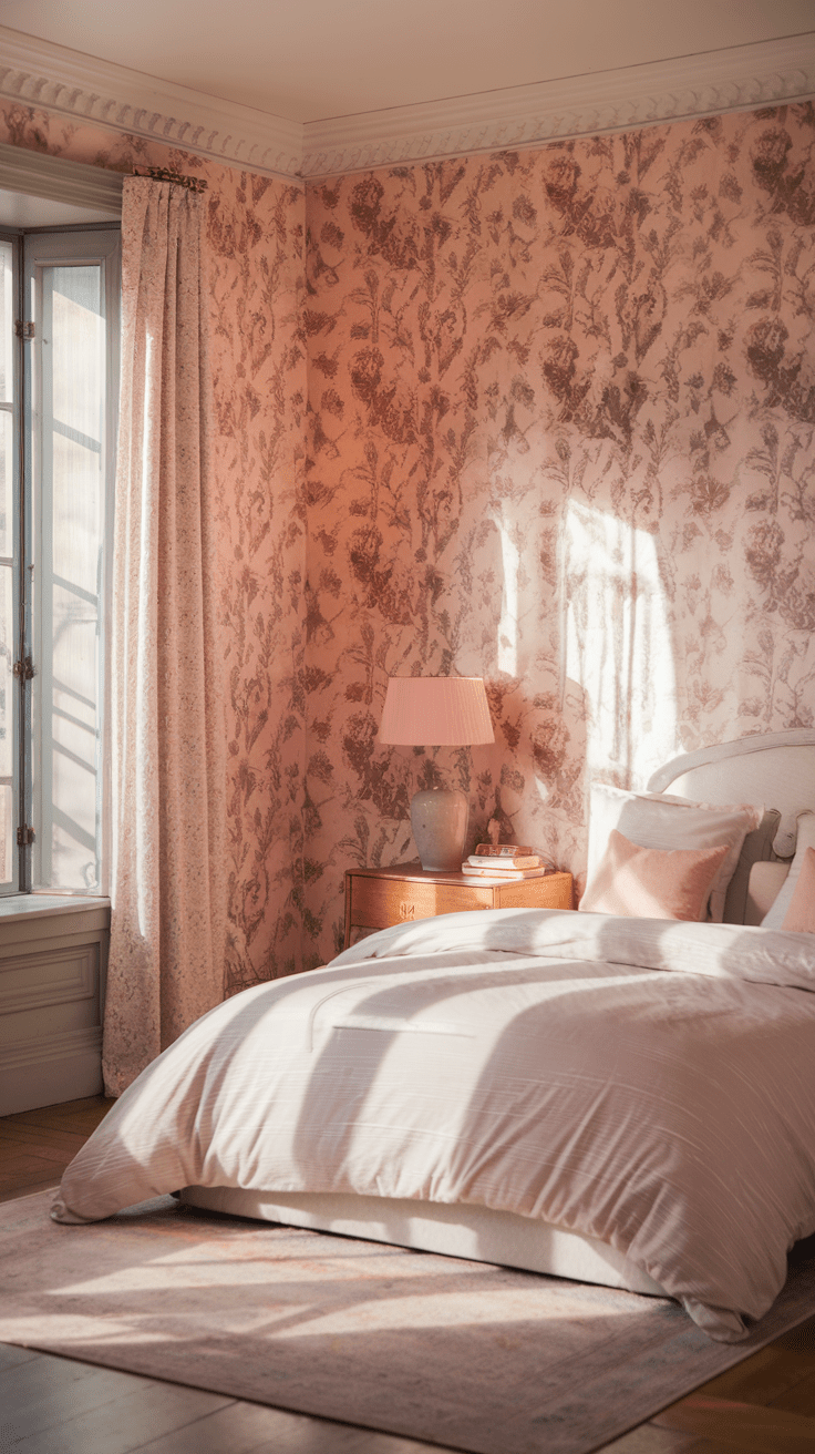 Die Wand hinter deinem Bett ist mit einer zarten Blumen-Tapete in sanften Rosa- und Beigetönen bedeckt. Du liegst entspannt, das Sonnenlicht spielt mit den Mustern und sorgt für eine verträumte Atmosphäre, die dich direkt in vergangene Zeiten entführt.