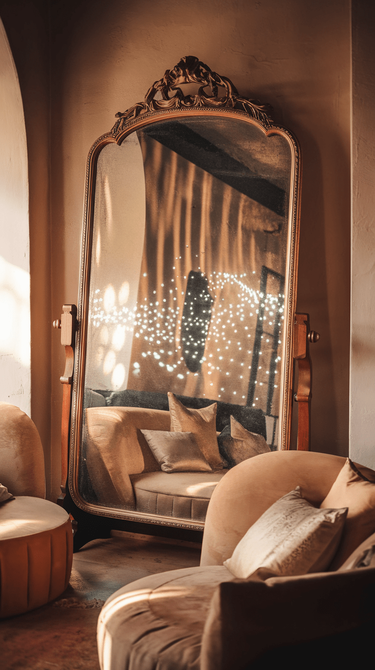 Der goldene Rahmen deines Vintage-Spiegels fängt das Licht des Raumes ein und reflektiert es auf die Wände, wodurch eine magische Atmosphäre entsteht. Du trittst einen Schritt zurück und siehst dich in einem Spiegel, der nicht nur dein Spiegelbild zeigt, sondern auch die Geschichte und den Charme vergangener Zeiten widerspiegelt.