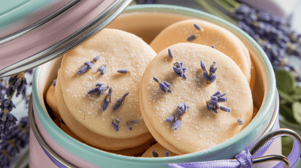 Eine pastellfarbene Keksdose wird geöffnet und ein zarter Duft von frischem Zitronenabrieb und blühendem Lavendel steigt in die Nase. Die handgeformten Kekse sind mit feinen violetten Lavendelblüten bestreut und haben einen goldbraunen Rand. Ein leichter Hauch von Puderzucker glitzert in der Sonne – ein süßer Moment voller Genuss.