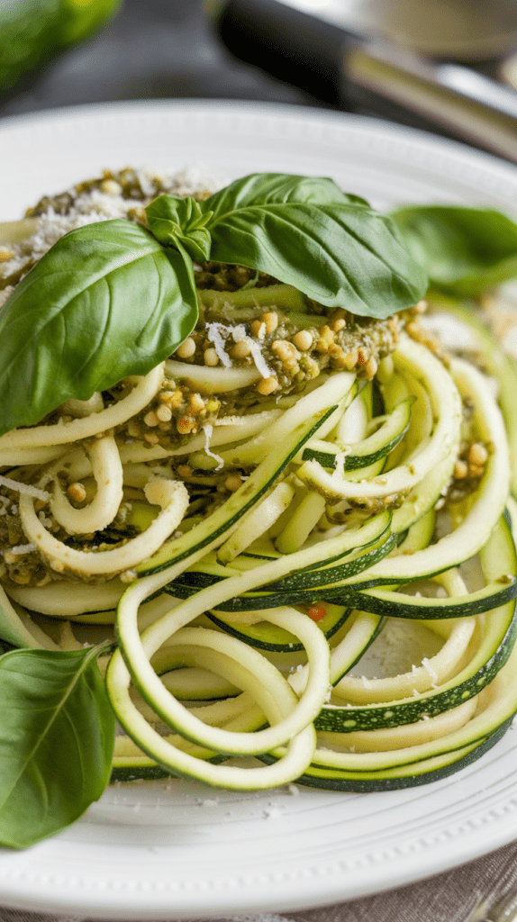 Du genießt eine Portion Zucchini-Nudeln, die mit einem frischen Pesto aus Basilikum, Pinienkernen und Parmesan verfeinert sind. Eine leckere, kohlenhydratarme Alternative zu traditionellen Nudeln.