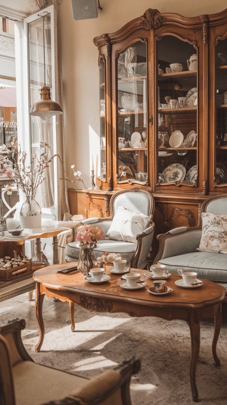 Du sitzt an deiner Kaffeebar, umgeben von antiken Möbeln und dem Duft von frischen Blumen. Der Raum ist lichtdurchflutet und voller Charme, mit einer gemütlichen Atmosphäre, die an ein französisches Landhaus erinnert. Du nimmst deinen Kaffee und lässt dich von der romantischen Stimmung verzaubern.