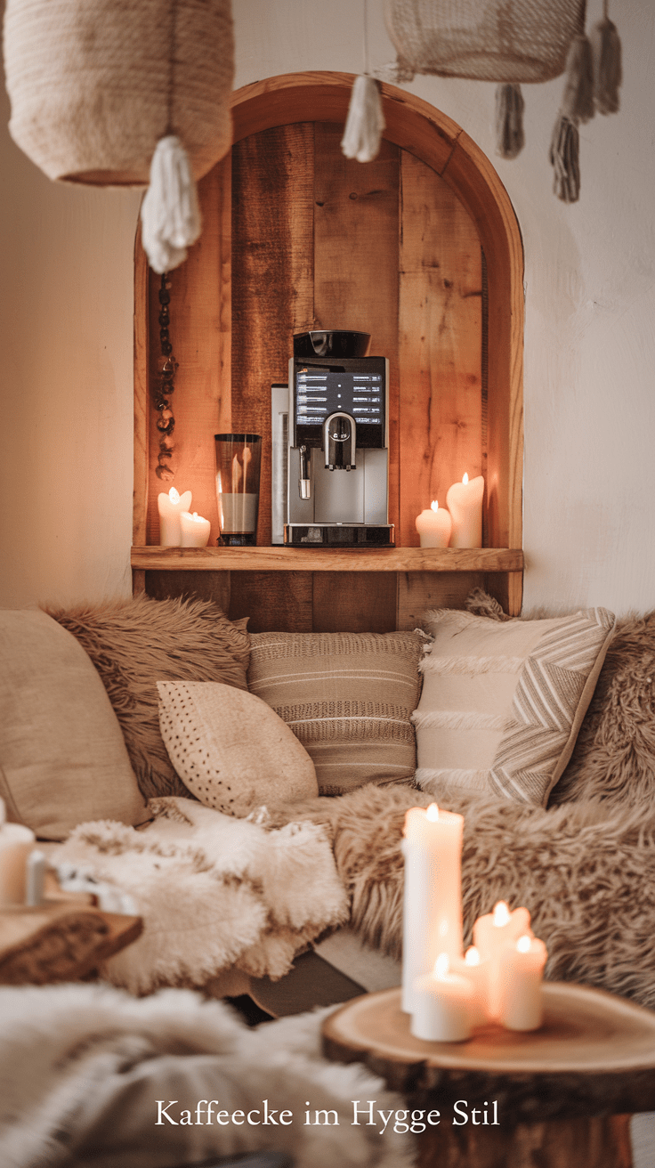 Du setzt dich an deine Kaffeebar, umgeben von weichen Kissen und einer Decke, die dich einhüllt. Das sanfte Licht der Kerzen sorgt für eine friedliche Atmosphäre, während du deinen Kaffee in einer Tasse hältst, die sich angenehm in deinen Händen anfühlt. Es ist der perfekte Moment der Entspannung.