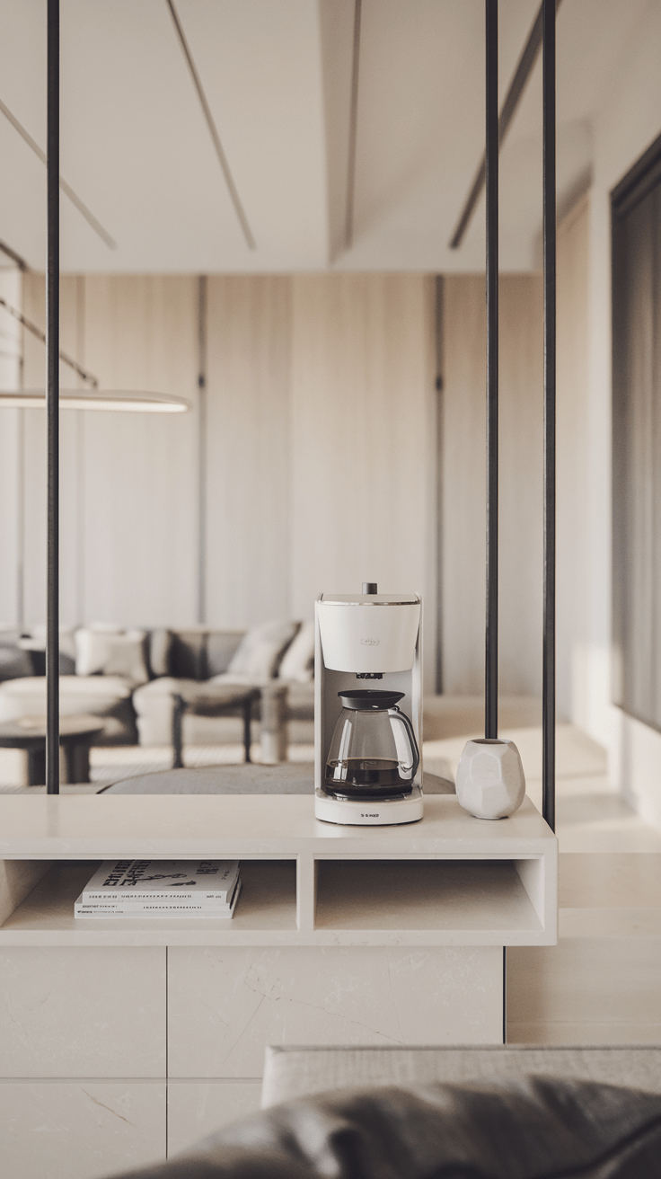 Die Kaffeebar ist schlicht und funktional – mit wenigen, aber eleganten Möbeln. Der Raum strahlt Ruhe aus, und du kannst deinen Kaffee in aller Ruhe genießen, ohne von zu vielen Dingen abgelenkt zu werden. Alles ist auf das Wesentliche reduziert und wirkt beruhigend.