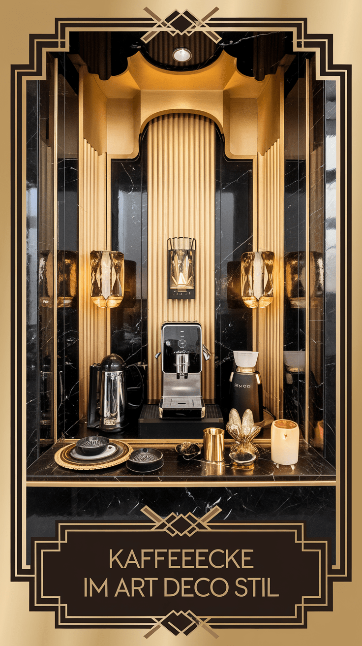 Die Kaffeebar strahlt in edlem Gold und glänzendem Schwarz. Du stehst vor einer eleganten Theke und genießt deinen Kaffee in einer Atmosphäre von Luxus und Stil. Jeder Moment hier fühlt sich wie ein kleiner Urlaub an.