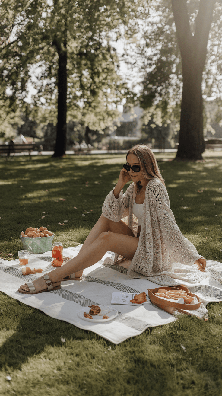 Ein Picknick im Park, das Gras ist weich und die Sonne strahlt. Du sitzt auf einer Decke, genießt Snacks und die Gesellschaft deiner Freunde – dein Look spiegelt die entspannte Stimmung perfekt wider.