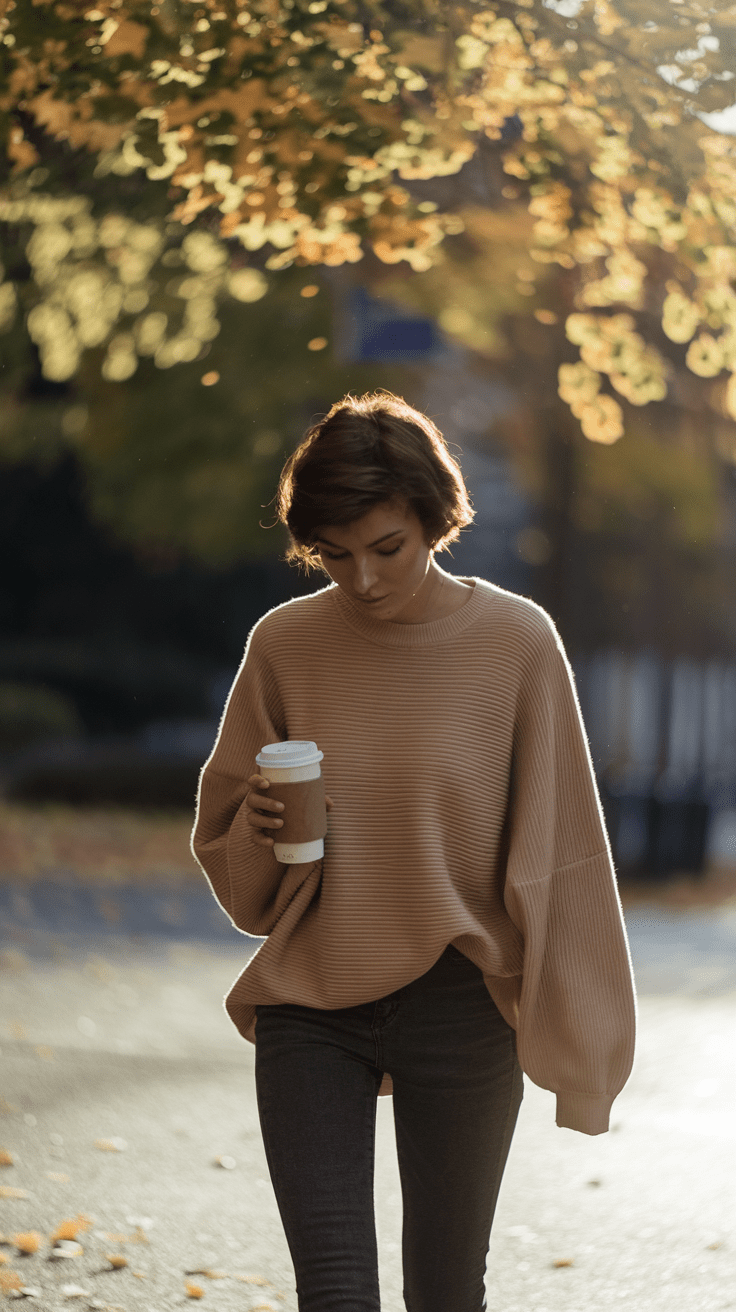 Du schlenderst gemütlich durch die herbstlich gefärbten Straßen, die Blätter rascheln unter deinen Stiefeln, und dein warmer, weicher Pullover umhüllt dich wie eine liebevolle Umarmung. Ein dampfender Kaffee in der Hand – der perfekte Herbstmoment!