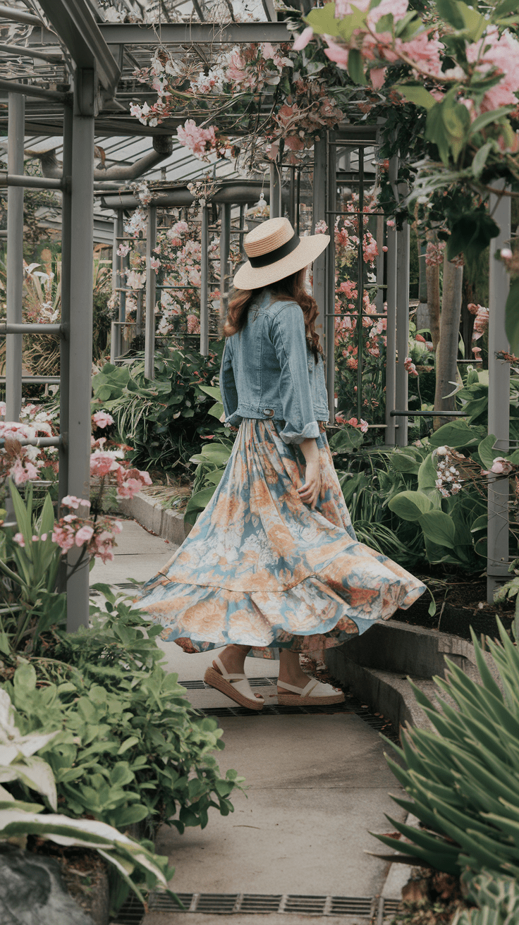 Ein Nachmittag im Botanischen Garten, du atmest tief ein und genießt die Blütenpracht um dich herum. Dein Kleid weht im Wind, und die Jeansjacke macht dich bereit für jedes Abenteuer.