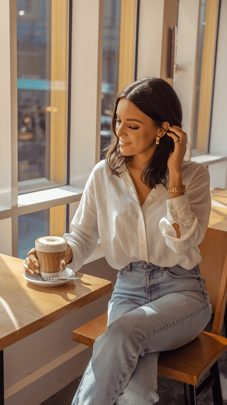 Du sitzt im Lieblingscafé mit einem frisch gebrühten Cappuccino, die Sonne strahlt durch die Fenster, und deine weiße Bluse leuchtet im Tageslicht. Du fühlst dich elegant, entspannt und einfach perfekt.