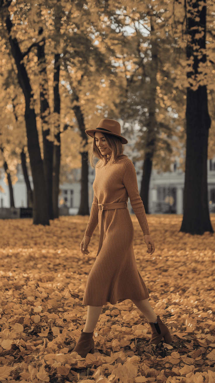 Ein Nachmittagsspaziergang im Park, die Bäume färben sich goldgelb, und dein Strickkleid schmiegt sich sanft um deine Hüften. Die frische Luft macht dich lebendig, und du fühlst dich rundum wohl.
