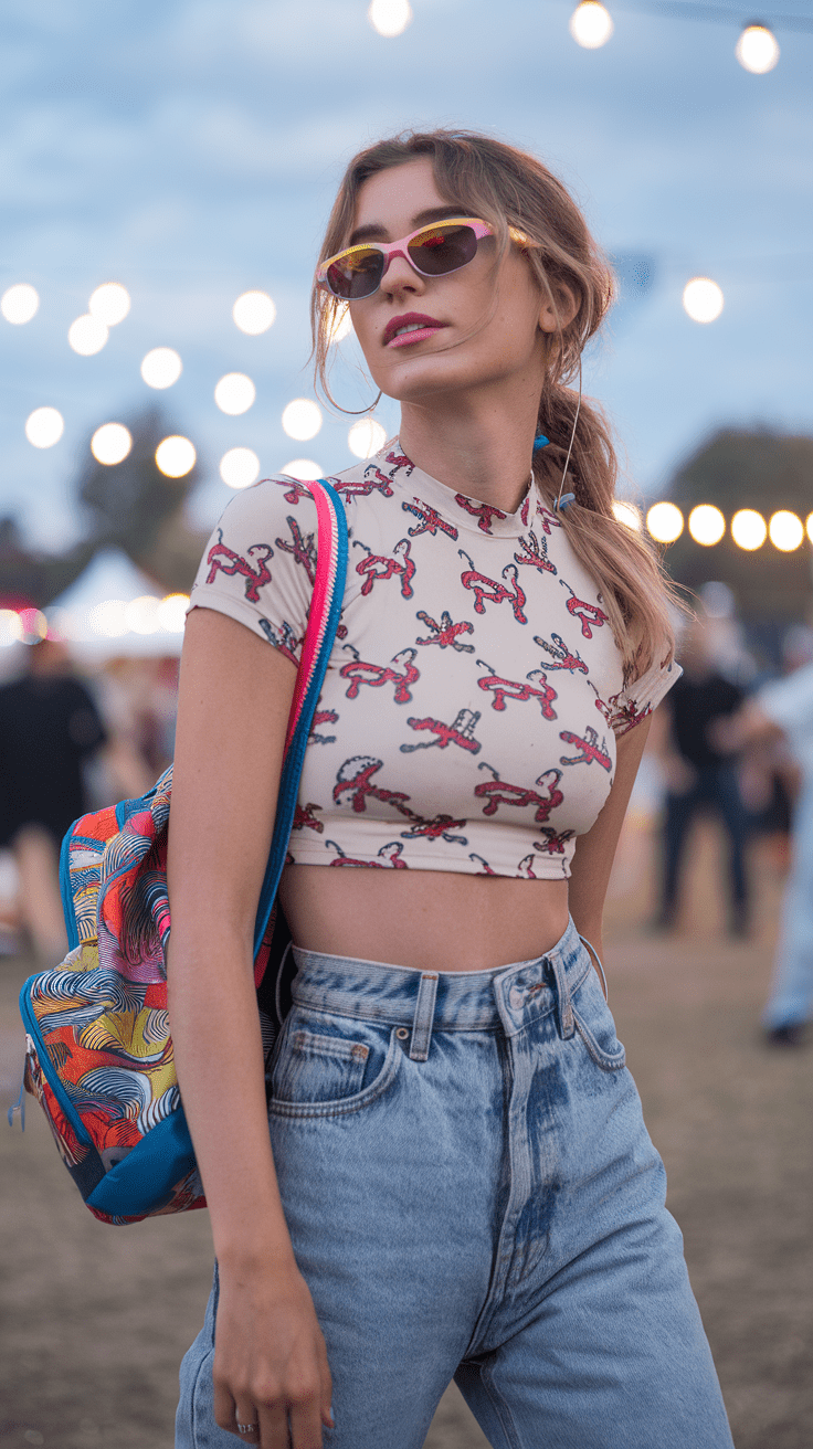 Die Beats vibrieren durch die Luft, während du in deinem coolen Retro-Look lässig durch die Festivalmeute schlenderst.