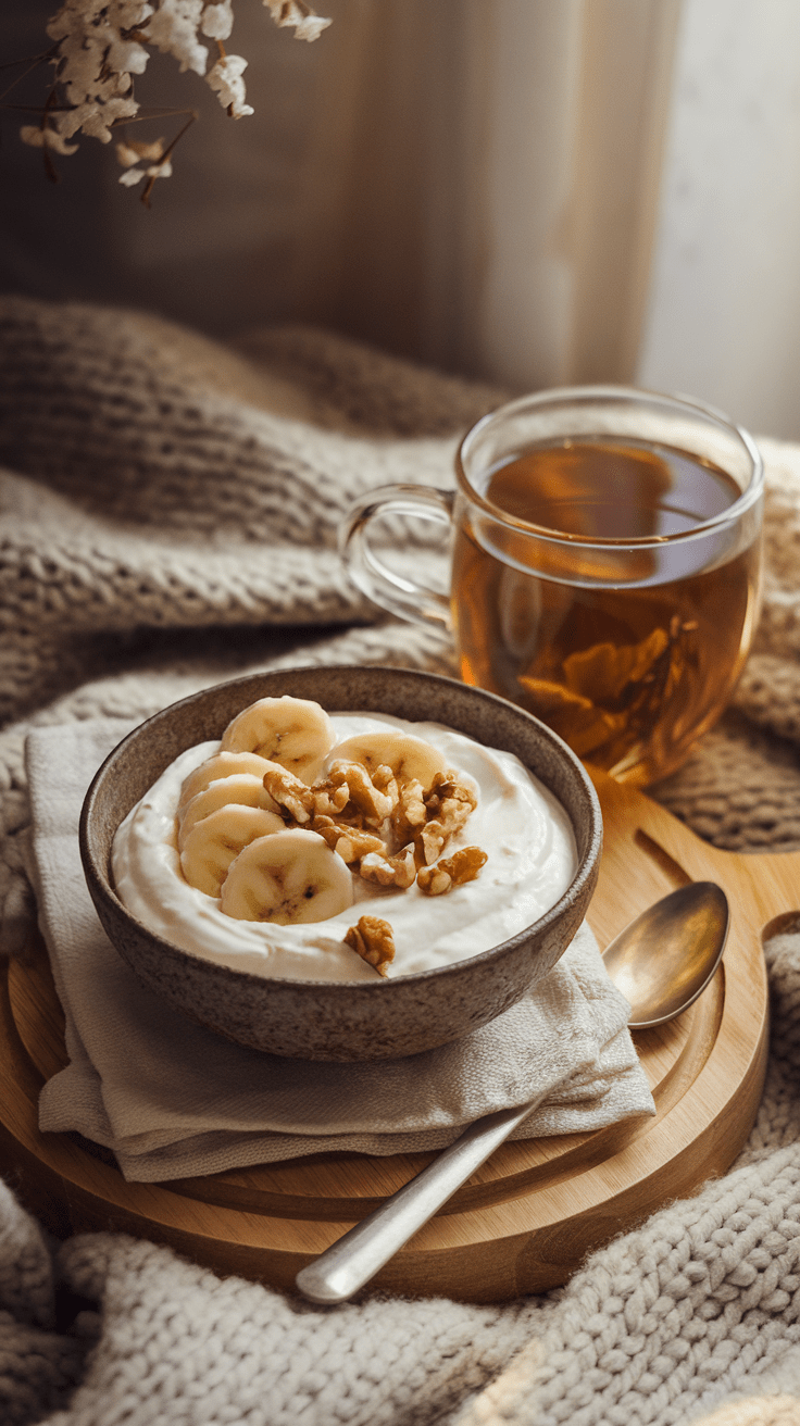 Es ist ein ruhiger Nachmittag, du gönnst dir eine kurze Pause – und löffelst langsam diesen Quark mit Banane. Der Geschmack ist mild, warm, beruhigend. So fühlt sich Wohlfühlen an.
