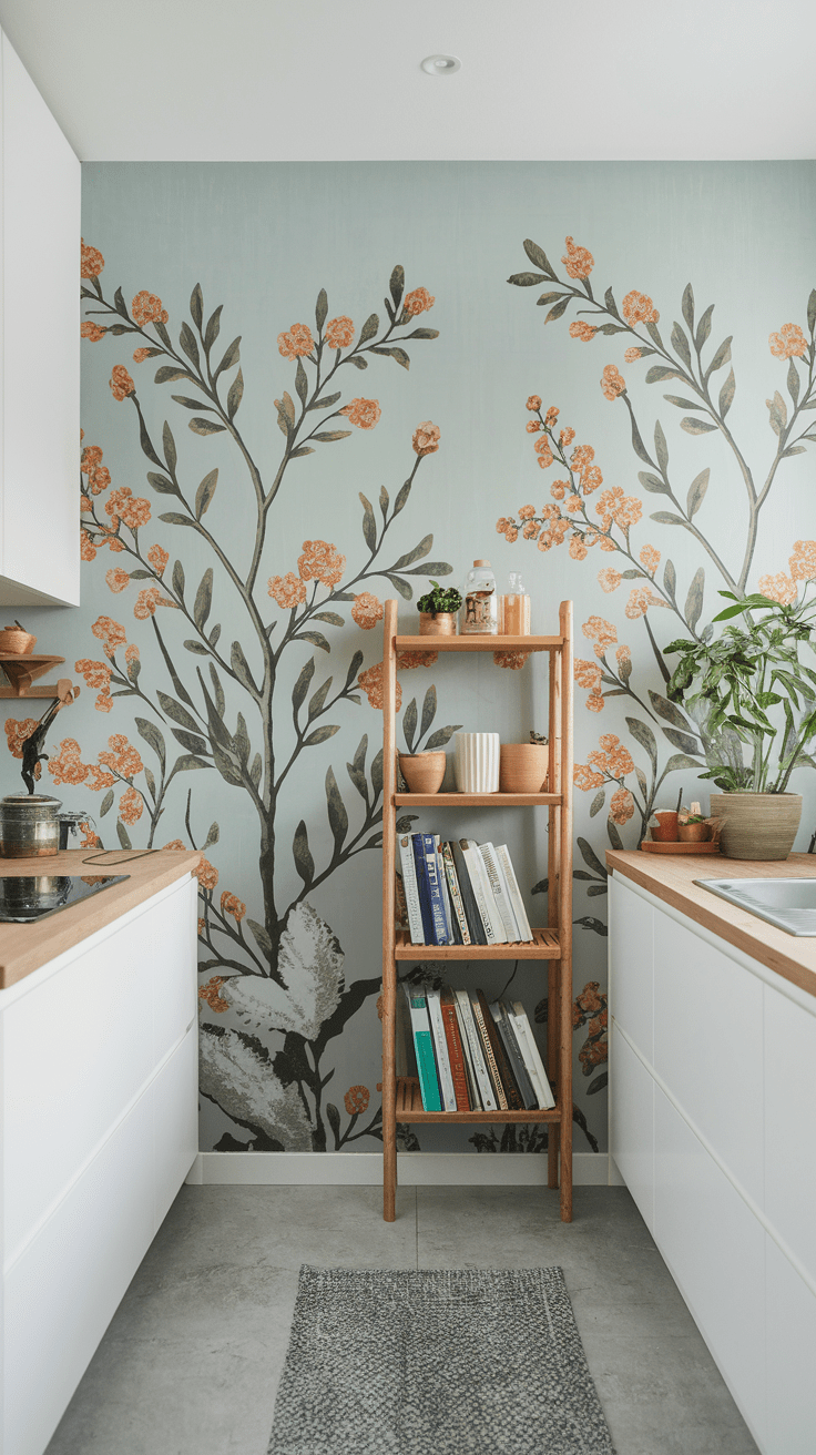 Du betrittst deine Küche und wirst sofort von der lebendigen Wandgestaltung begrüßt, die in den Farben der Natur erstrahlt. Die Wand zieht alle Blicke an, ohne aufdringlich zu wirken.