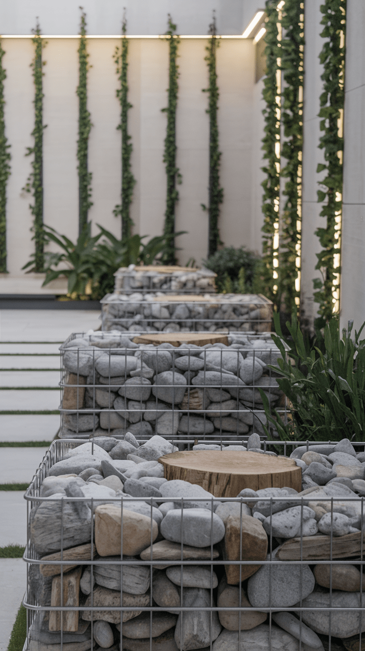 Ein eleganter Outdoorbereich mit Lounge-Möbeln in Grau und Naturtönen. Die Gabionenwand dahinter – klar, cool, modern – wird von wilden Weinstöcken umrankt. Abends leuchten kleine LED-Spots zwischen den Steinen. Dein privates Gartenloft.