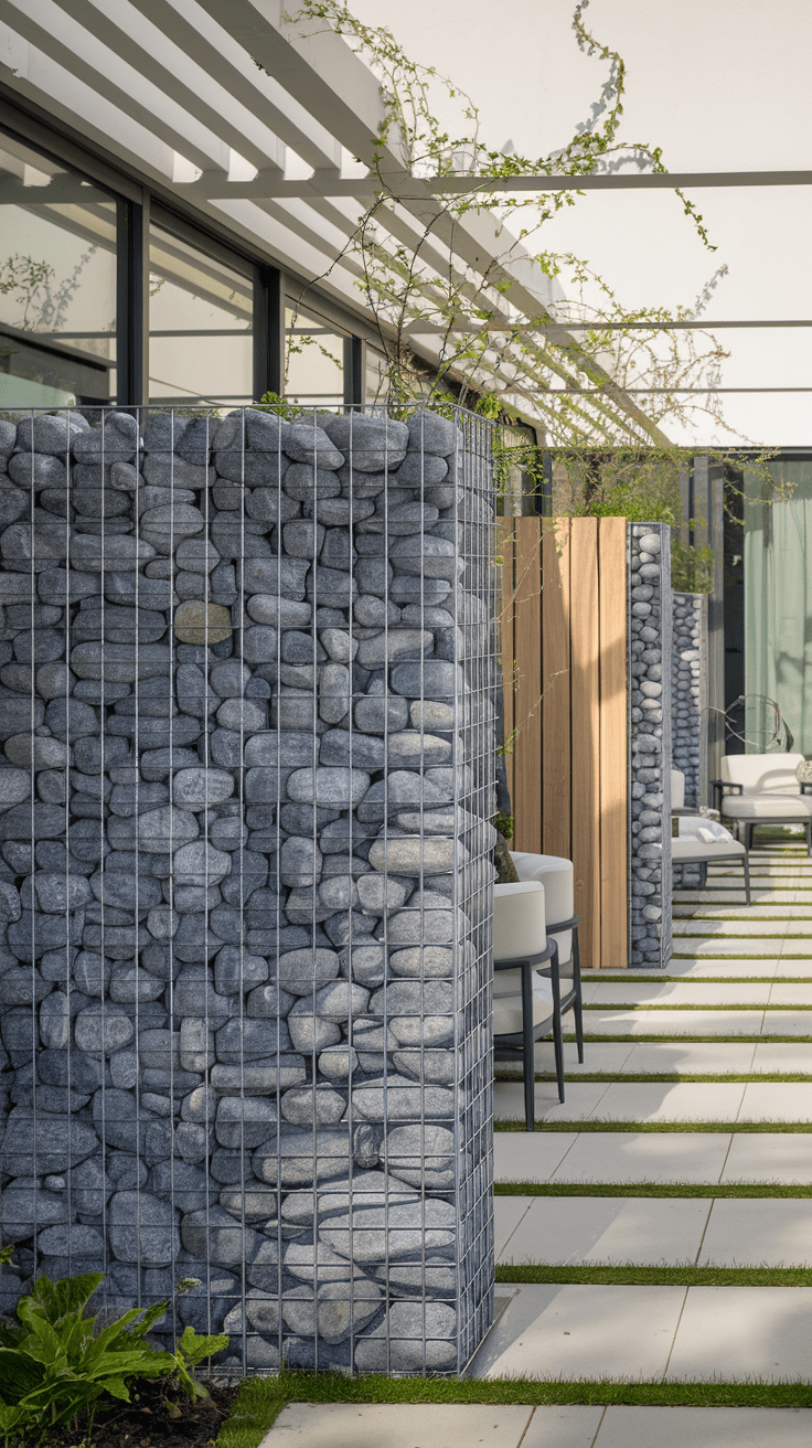 Du betrittst deinen Garten und fühlst dich wie in einem stylischen Boutique-Hotel. Die Gabionen strahlen Ruhe und Stärke aus, während daneben Gräser sanft im Wind wiegen.