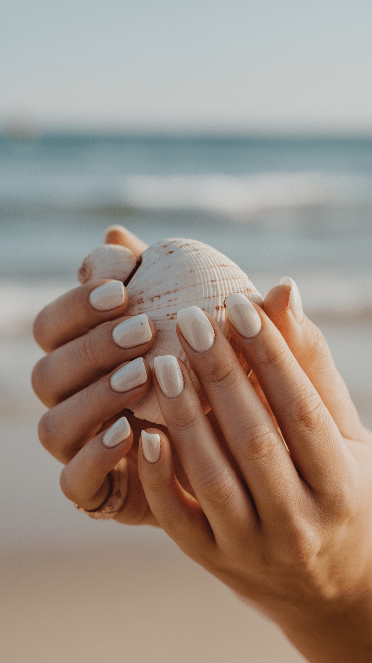 Du liegst am Strand, das Meer glitzert in der Sonne, und deine weißen Nägel reflektieren das Licht. Die Kombination aus klarer Frische und Sommerbrise fühlt sich einfach himmlisch an.