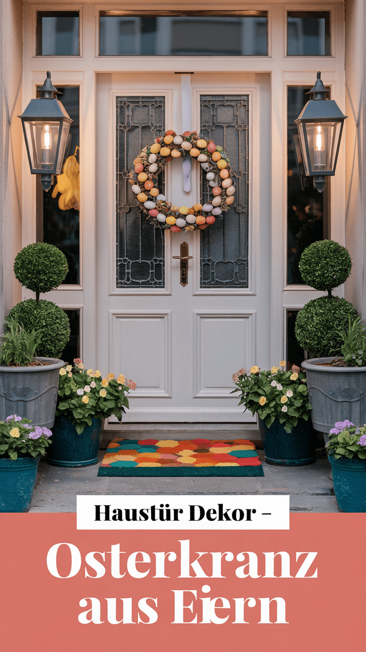 Eine stilvoll dekorierte Haustür mit einem großen Osterkranz aus frischen Blumen, Weidenzweigen und bunten Eiern. Der Kranz ist üppig und farbenfroh, mit zarten Pastellfarben wie Rosa, Hellblau und Gelb. Links und rechts der Tür stehen zwei große Blumentöpfe, gefüllt mit Tulpen und Narzissen in leuchtenden Frühlingsfarben. Die Haustür hat eine pastellfarbene Fassade, z.B. in Hellblau oder Creme, und eine gemütliche Willkommensmatte mit einem fröhlichen Ostergruß wie "Frohe Ostern" in stilvoller Schrift. Weiches, natürliches Licht sorgt für eine harmonische und einladende Atmosphäre, während die gesamte Szene lebendig und freundlich wirkt. Der Look ist frisch, festlich und gleichzeitig elegant.