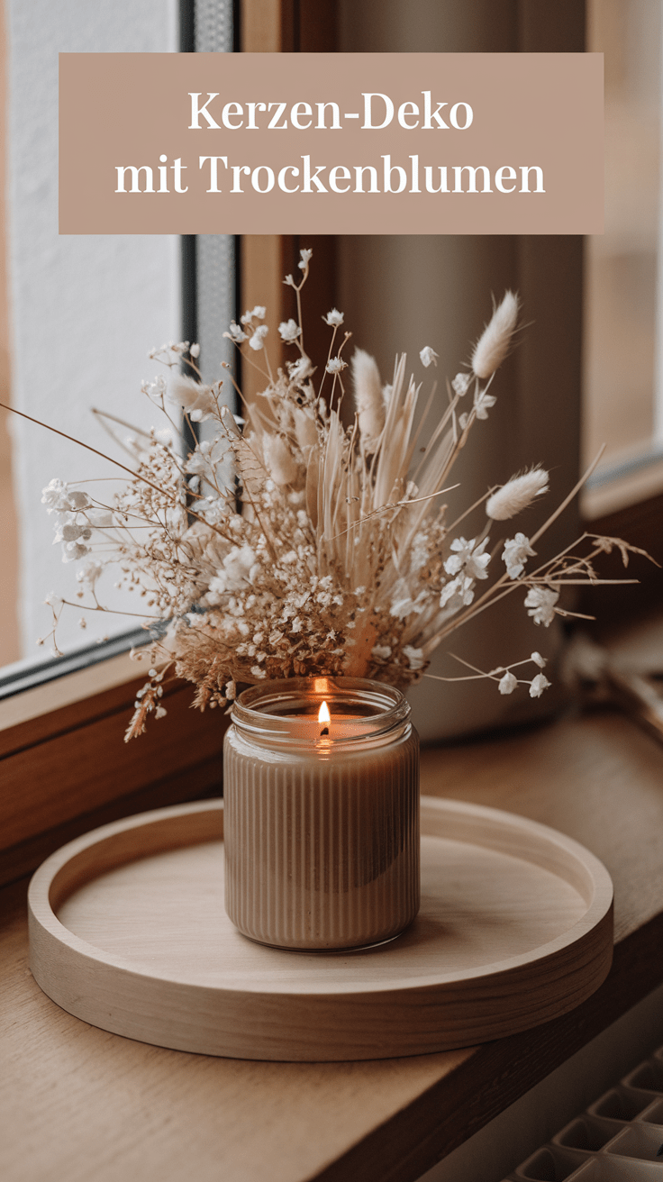 Trockenblumen im Glas mit Kerze
